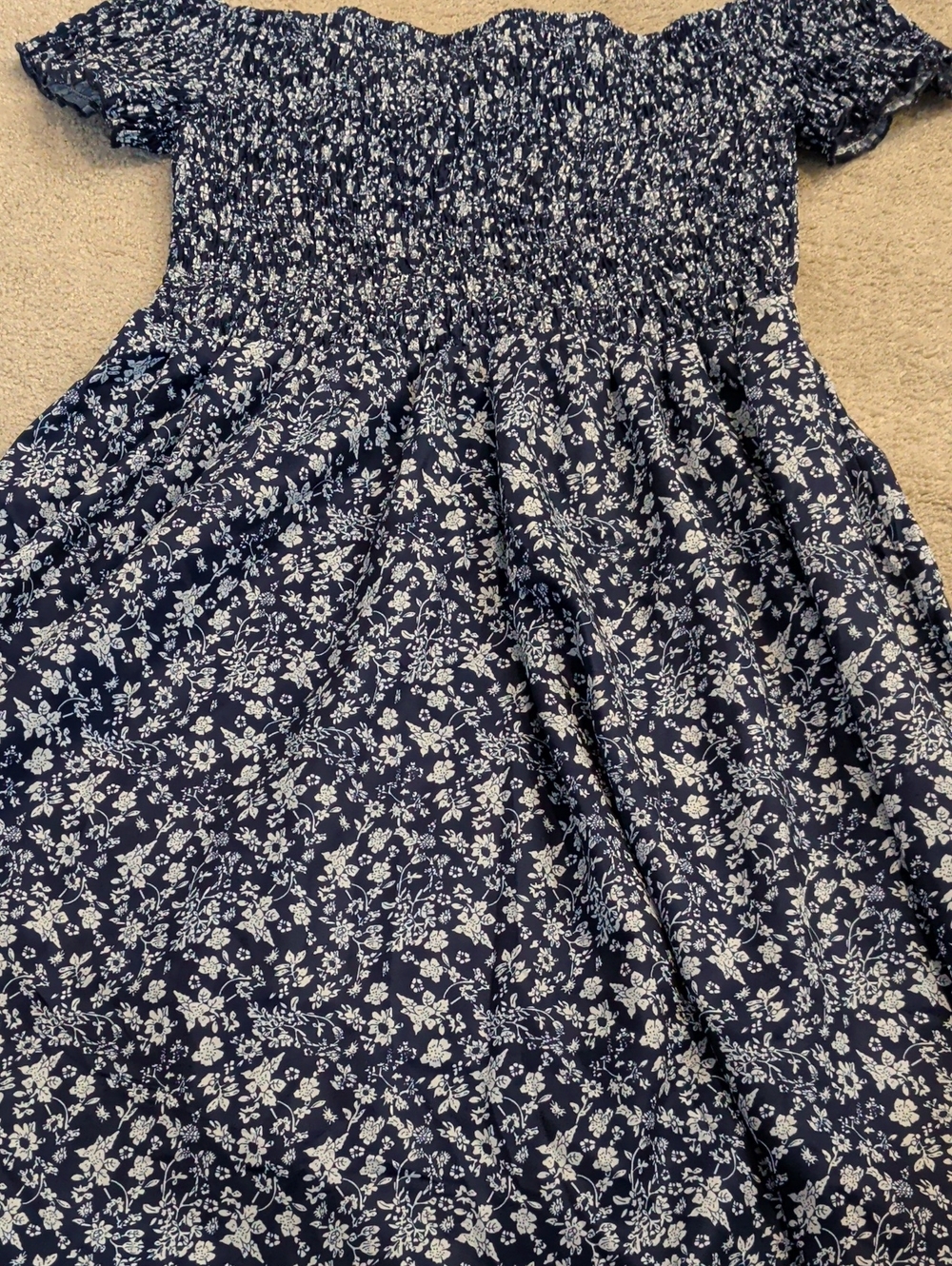 woman Navy Blue Floral Off-Shoulder Dress